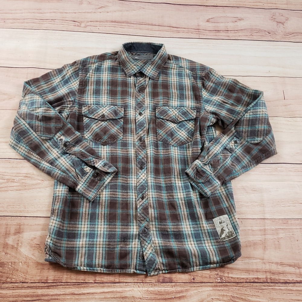 REI Shirt Mens Medium Brown Blue Outdoor Button Up‎ Lightweight Hiking Adult